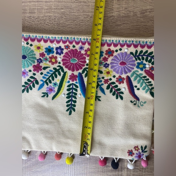 Steven By Steve Madden Jyme Colorful Embroidered Pom Pom Clutch Pouch Natural - Picture 12 of 12